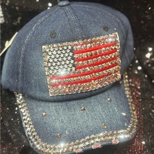 Denim Cap with Rhinestone American Flag